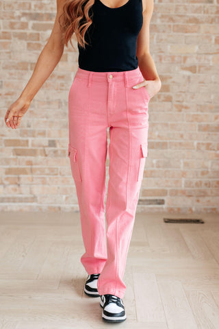Peggy High Rise Cargo Straight Jeans in Pink - Crazy Daisy Boutique