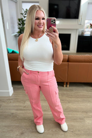 Peggy High Rise Cargo Straight Jeans in Pink - Crazy Daisy Boutique