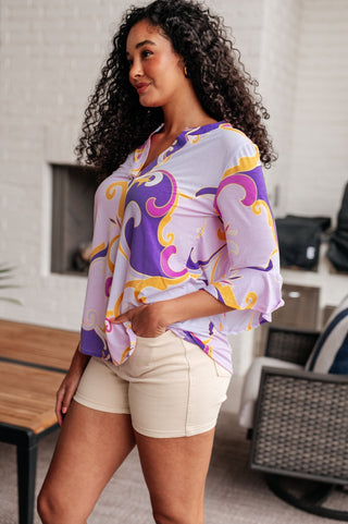 Lizzy Bell Sleeve Top in Regal Lavender and Gold