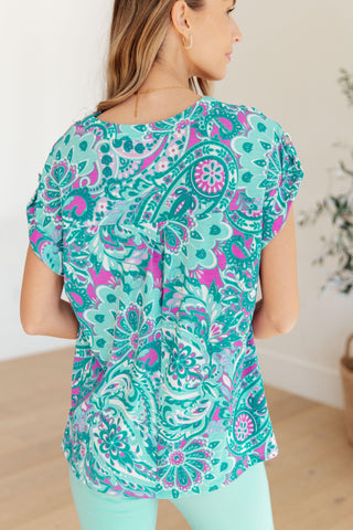 Lizzy Cap Sleeve Top in Magenta and Teal Paisley - Crazy Daisy Boutique