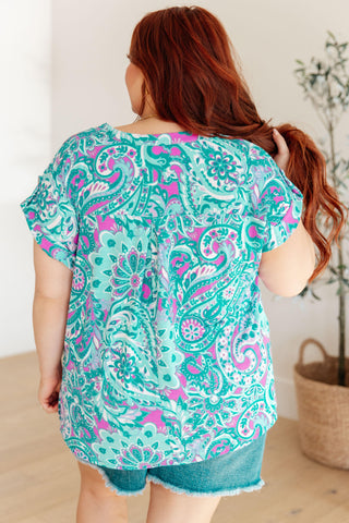 Lizzy Cap Sleeve Top in Magenta and Teal Paisley - Crazy Daisy Boutique