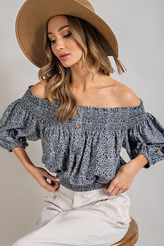 ANIMAL PRINT SMOCKED OFF THE SHOULDER TOP - Crazy Daisy Boutique