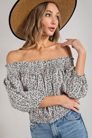 ANIMAL PRINT SMOCKED OFF THE SHOULDER TOP - Crazy Daisy Boutique