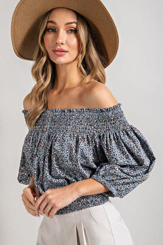 ANIMAL PRINT SMOCKED OFF THE SHOULDER TOP - Crazy Daisy Boutique