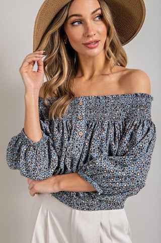 ANIMAL PRINT SMOCKED OFF THE SHOULDER TOP - Crazy Daisy Boutique