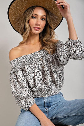 ANIMAL PRINT SMOCKED OFF THE SHOULDER TOP - Crazy Daisy Boutique