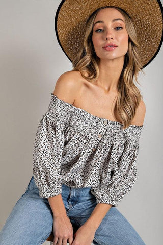 ANIMAL PRINT SMOCKED OFF THE SHOULDER TOP - Crazy Daisy Boutique