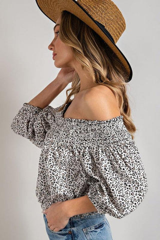 ANIMAL PRINT SMOCKED OFF THE SHOULDER TOP - Crazy Daisy Boutique