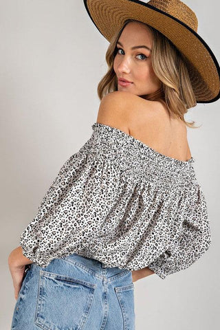 ANIMAL PRINT SMOCKED OFF THE SHOULDER TOP - Crazy Daisy Boutique