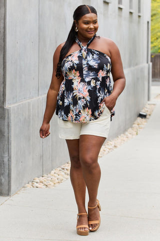 Be Stage Full Size Floral Halter Top in Black - Crazy Daisy Boutique