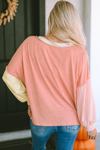 Color Block V-Neck Dropped Shoulder Sweatshirt with Pocket - Crazy Daisy Boutique