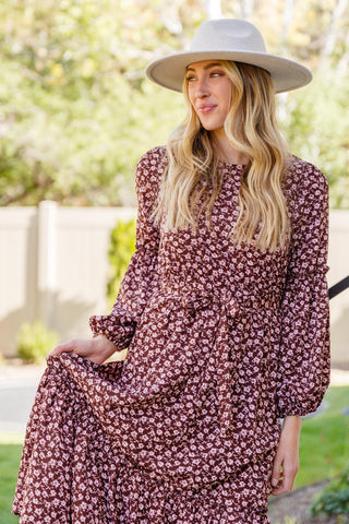 Flow With The Times Floral Midi Dress In Brown - Crazy Daisy Boutique
