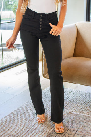 Harriet High Rise Button Fly Bootcut Jeans in Black - Crazy Daisy Boutique