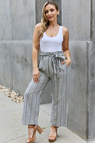 Heimish Find Your Path Full Size Paperbag Waist Striped Culotte Pants - Crazy Daisy Boutique