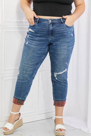 Judy Blue Gina Full Size Mid Rise Paisley Patch Cuff Boyfriend Jeans - Crazy Daisy Boutique