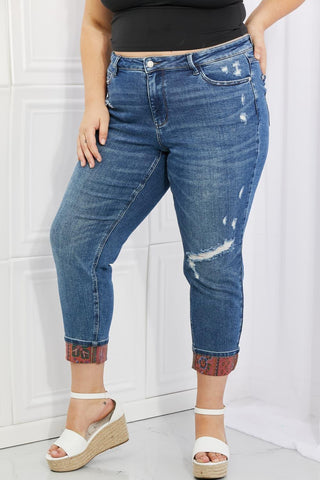 Judy Blue Gina Full Size Mid Rise Paisley Patch Cuff Boyfriend Jeans - Crazy Daisy Boutique