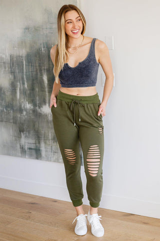 Kick Back Distressed Joggers in Olive - Crazy Daisy Boutique