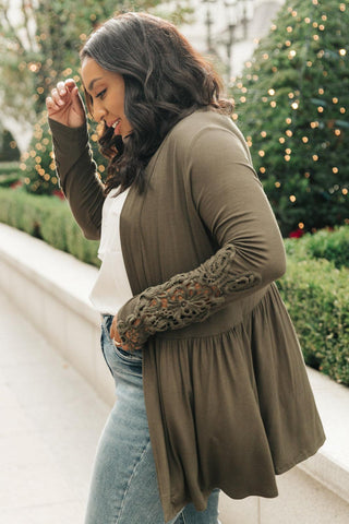 Little Bit Of Lace Cardigan In Olive - Crazy Daisy Boutique