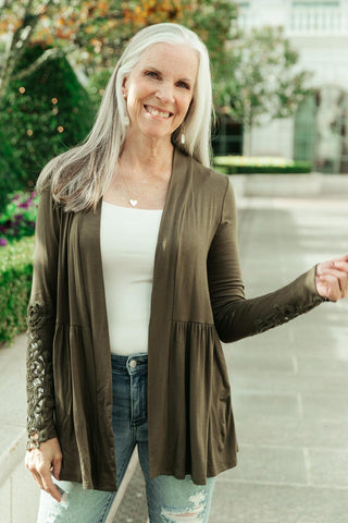 Little Bit Of Lace Cardigan In Olive - Crazy Daisy Boutique