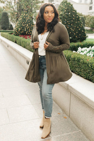 Little Bit Of Lace Cardigan In Olive - Crazy Daisy Boutique