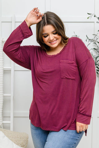 Long Sleeve Knit Top With Pocket In Burgundy - Crazy Daisy Boutique