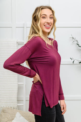 Long Sleeve Knit Top With Pocket In Burgundy - Crazy Daisy Boutique