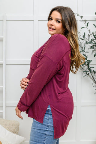 Long Sleeve Knit Top With Pocket In Burgundy - Crazy Daisy Boutique