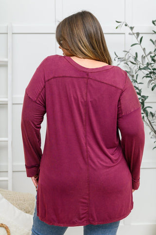 Long Sleeve Knit Top With Pocket In Burgundy - Crazy Daisy Boutique