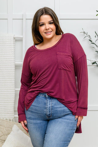 Long Sleeve Knit Top With Pocket In Burgundy - Crazy Daisy Boutique