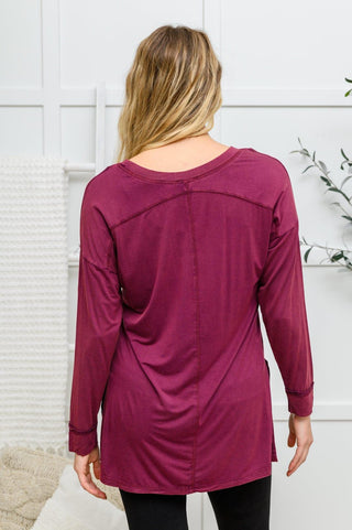 Long Sleeve Knit Top With Pocket In Burgundy - Crazy Daisy Boutique