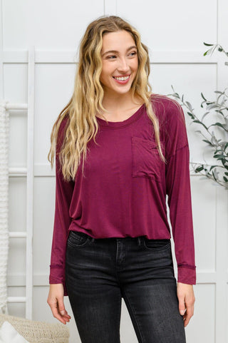 Long Sleeve Knit Top With Pocket In Burgundy - Crazy Daisy Boutique