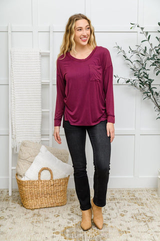 Long Sleeve Knit Top With Pocket In Burgundy - Crazy Daisy Boutique