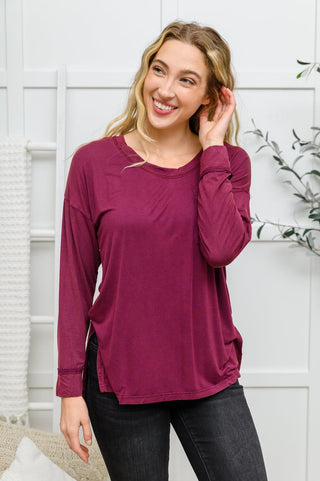 Long Sleeve Knit Top With Pocket In Burgundy - Crazy Daisy Boutique