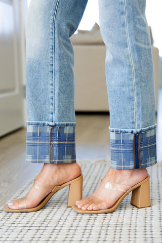 Miranda High Rise Plaid Cuff Vintage Straight Jeans - Crazy Daisy Boutique