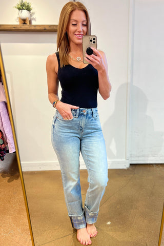 Miranda High Rise Plaid Cuff Vintage Straight Jeans - Crazy Daisy Boutique
