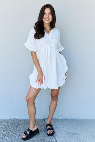 Ninexis Out Of Time Full Size Ruffle Hem Dress with Drawstring Waistband in White - Crazy Daisy Boutique