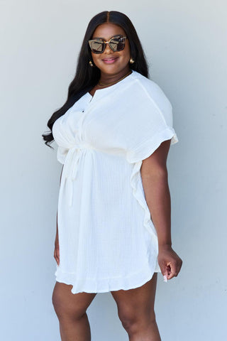 Ninexis Out Of Time Full Size Ruffle Hem Dress with Drawstring Waistband in White - Crazy Daisy Boutique