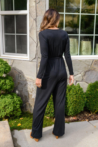 Onward & Upward Faux Wrap Jumpsuit In Black - Crazy Daisy Boutique