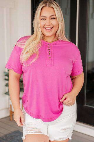 On A Whim Pink Raw Hem Henley Tee - Crazy Daisy Boutique