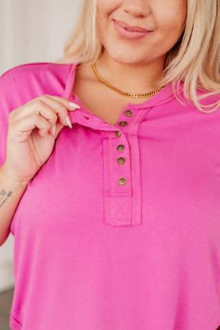 On A Whim Pink Raw Hem Henley Tee - Crazy Daisy Boutique