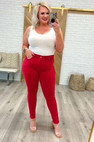 Ruby High Rise Control Top Garment Dyed Skinny Jeans in Red - Crazy Daisy Boutique