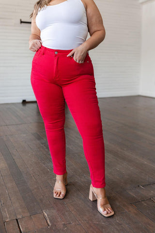 Ruby High Rise Control Top Garment Dyed Skinny Jeans in Red - Crazy Daisy Boutique