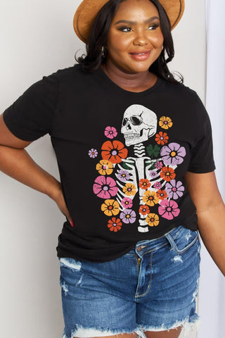 Simply Love Full Size Skeleton & Flower Graphic Cotton Tee - Crazy Daisy Boutique