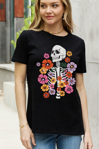 Simply Love Full Size Skeleton & Flower Graphic Cotton Tee - Crazy Daisy Boutique