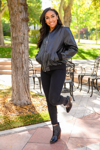 This Is It Faux Leather Bomber Jacket In Black - Crazy Daisy Boutique