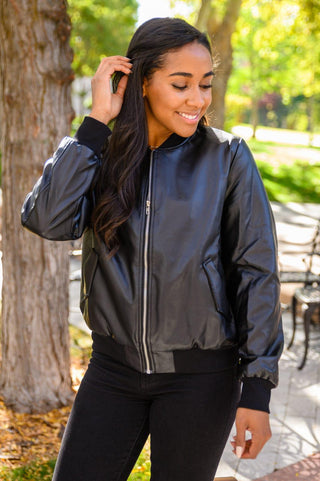 This Is It Faux Leather Bomber Jacket In Black - Crazy Daisy Boutique