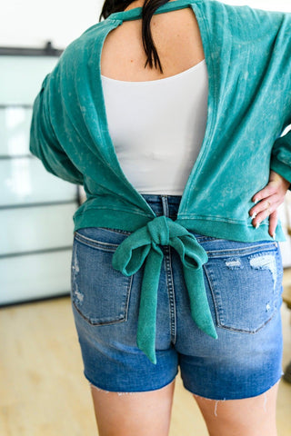 Tied Up In Cuteness Mineral Wash Sweater in Teal - Crazy Daisy Boutique