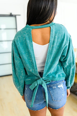 Tied Up In Cuteness Mineral Wash Sweater in Teal - Crazy Daisy Boutique