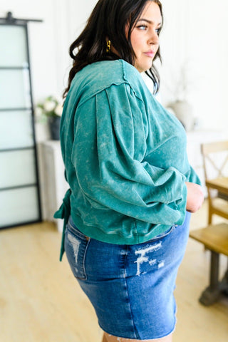 Tied Up In Cuteness Mineral Wash Sweater in Teal - Crazy Daisy Boutique