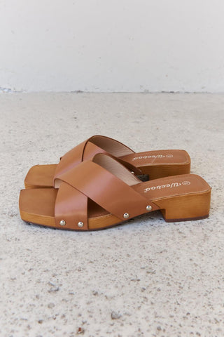 Weeboo Step Into Summer Criss Cross Wooden Clog Mule in Brown - Crazy Daisy Boutique